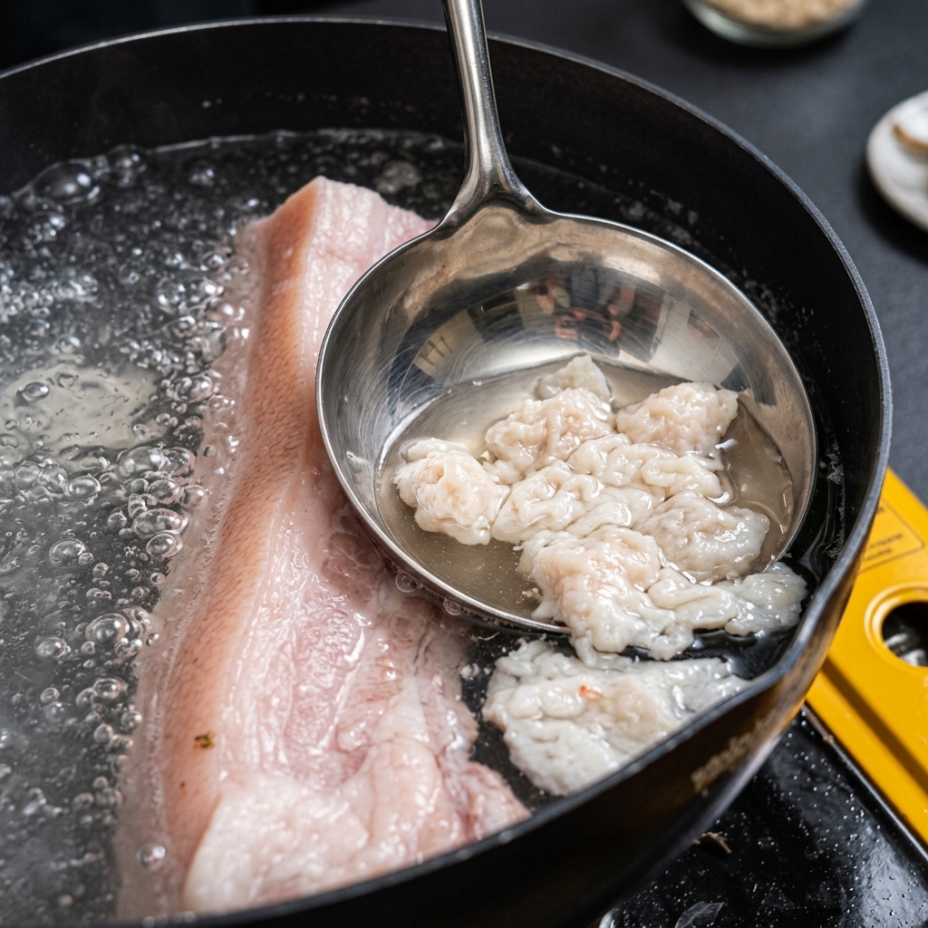 A large metal ladle skimming off thick white foam and impurities from the surface of boiling water containing pork belly strips.