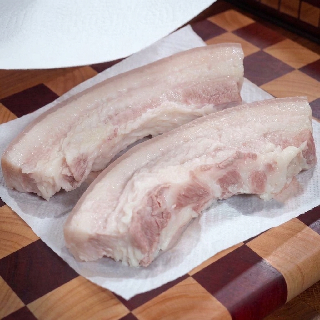Two strips of boiled pork belly resting on a paper towel on a checkered cutting board, being patted dry.