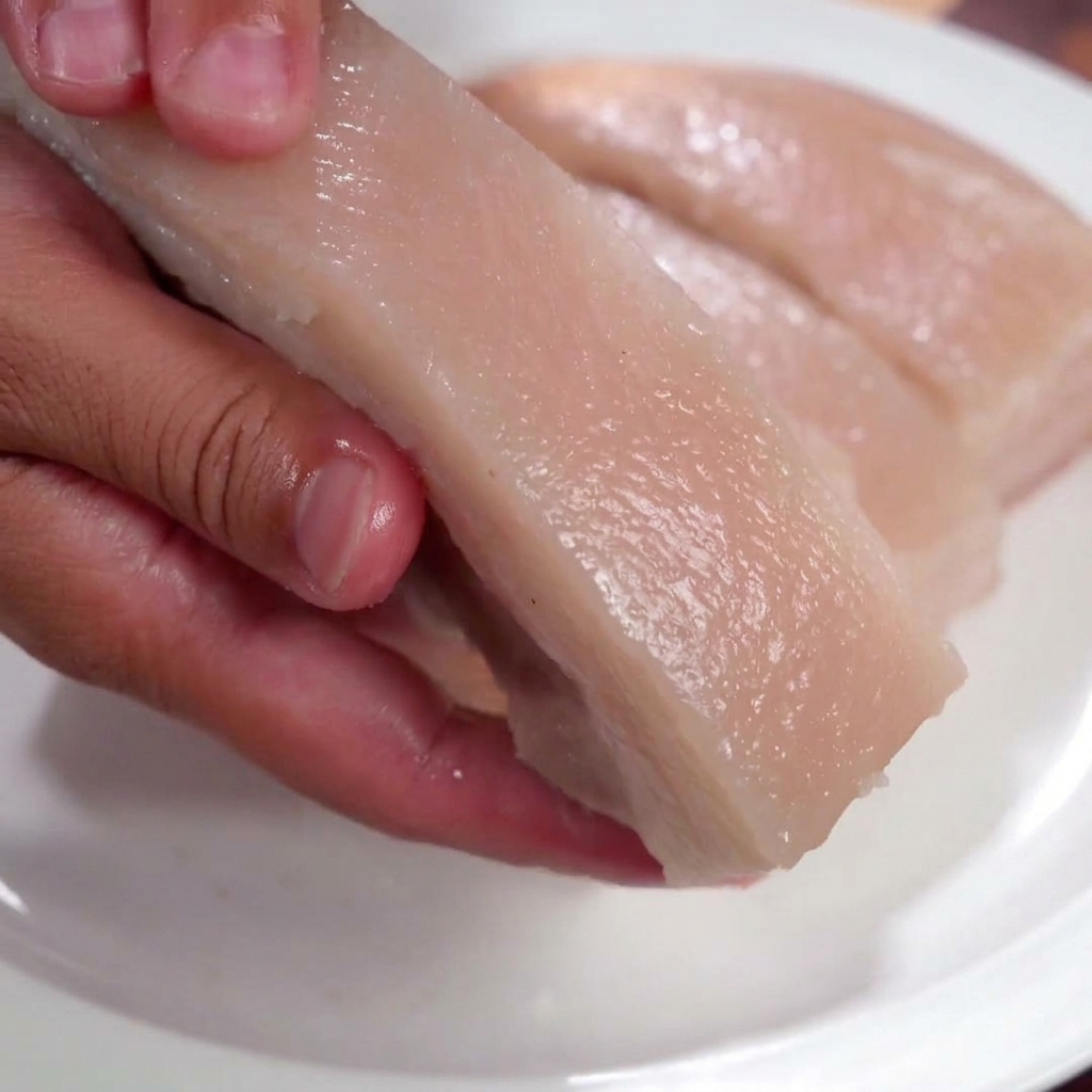 A close-up view of a hand holding a block of boiled pork belly, rubbing salt and applying white vinegar onto the skin side.