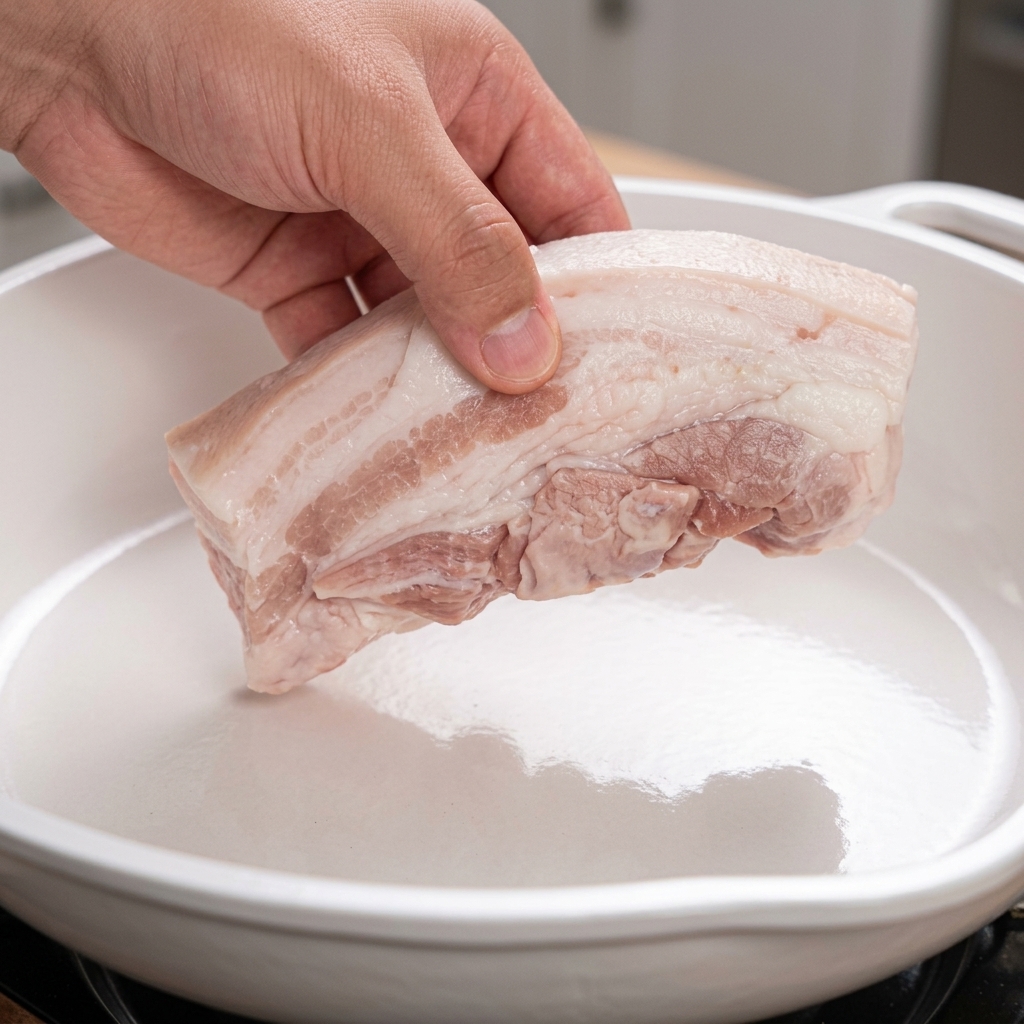 A hand lowers a thick strip of seasoned pork belly into a clean, white ceramic-coated skillet without any added oil.