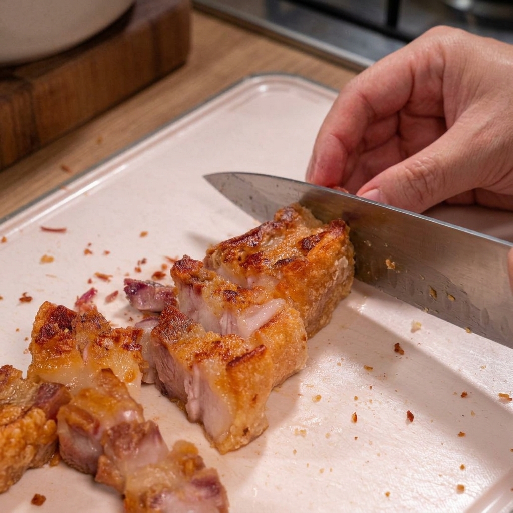 A hand using a sharp knife to chop perfectly golden and crispy roasted pork belly into bite-sized pieces on a white cutting board.