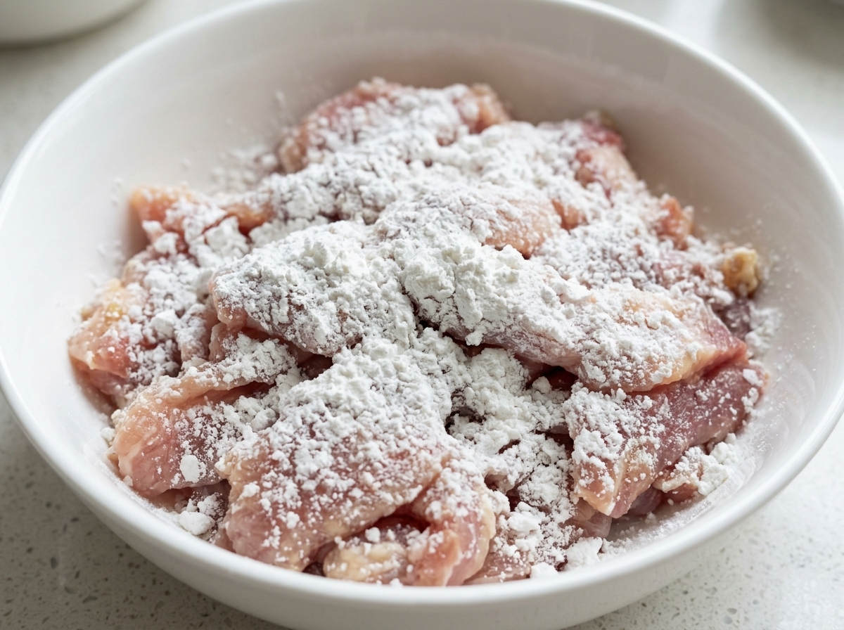 Bright white, granular coarse sweet potato flour sprinkled evenly over marinated raw pork strips in a white ceramic bowl.