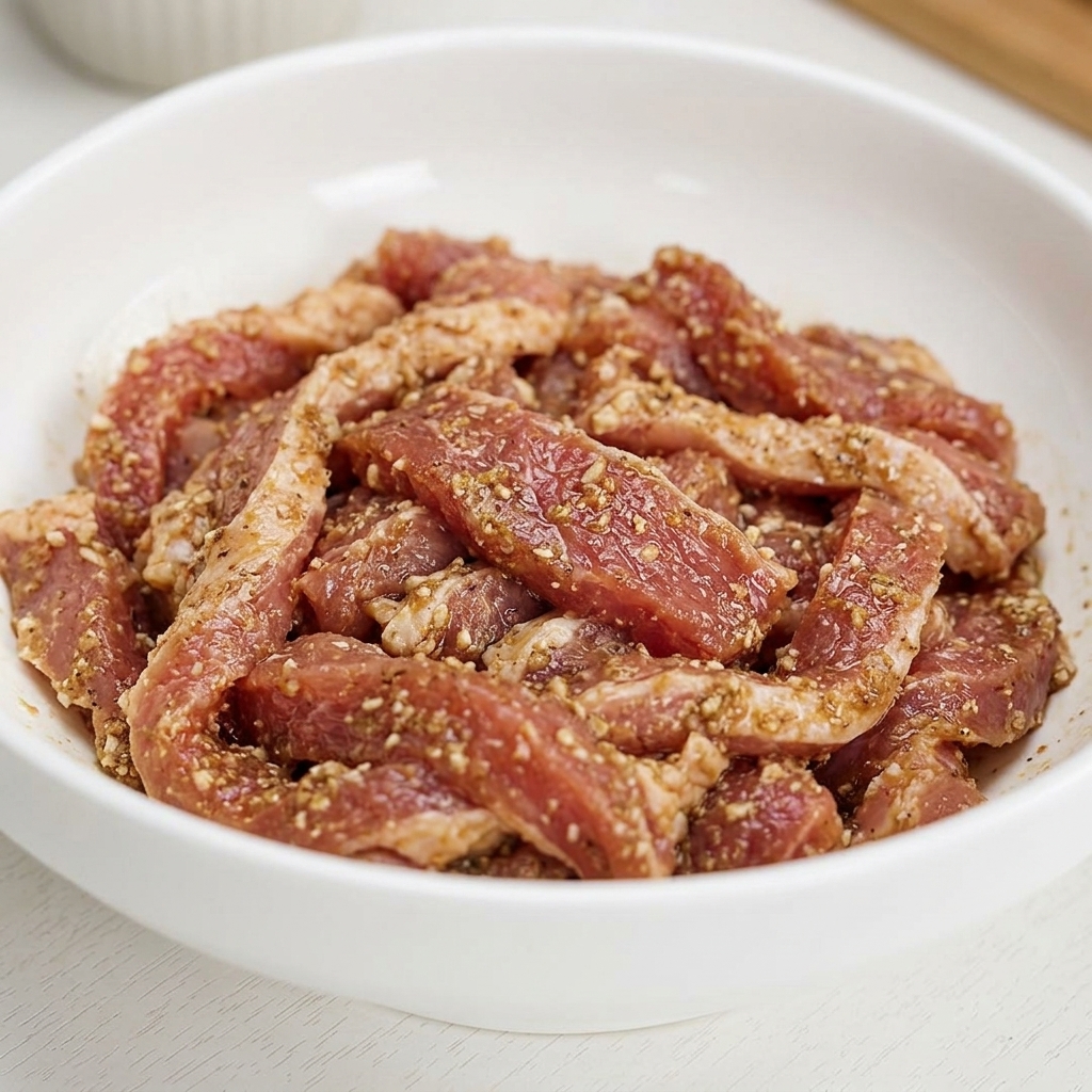 Marinated raw pork strips evenly mixed and coated with a thick, sticky layer of sweet potato flour and savory seasonings in a white bowl.