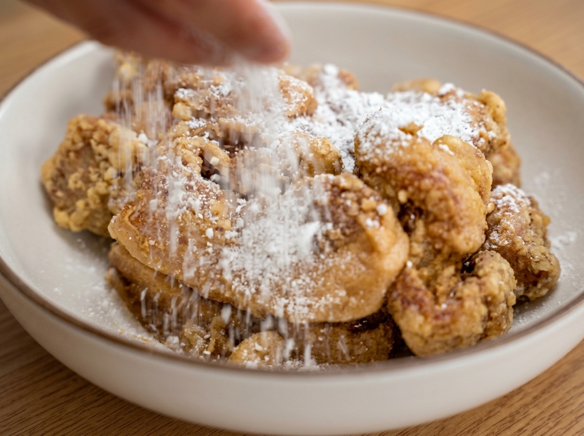 A hand sprinkling white sweet potato flour over marinated, brown pork pieces in a white ceramic bowl.