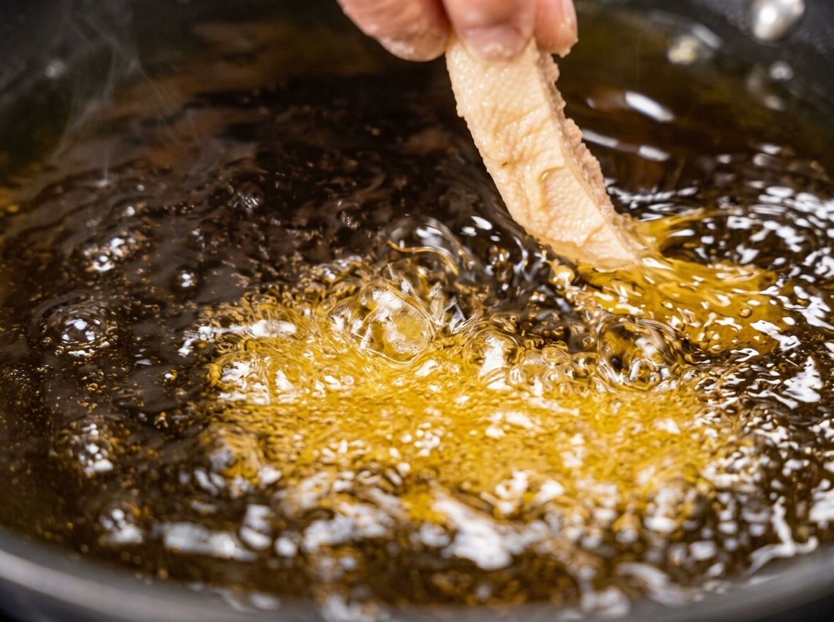 Fingers carefully lowering a strip of coated raw pork into a pan of hot, bubbling cooking oil.