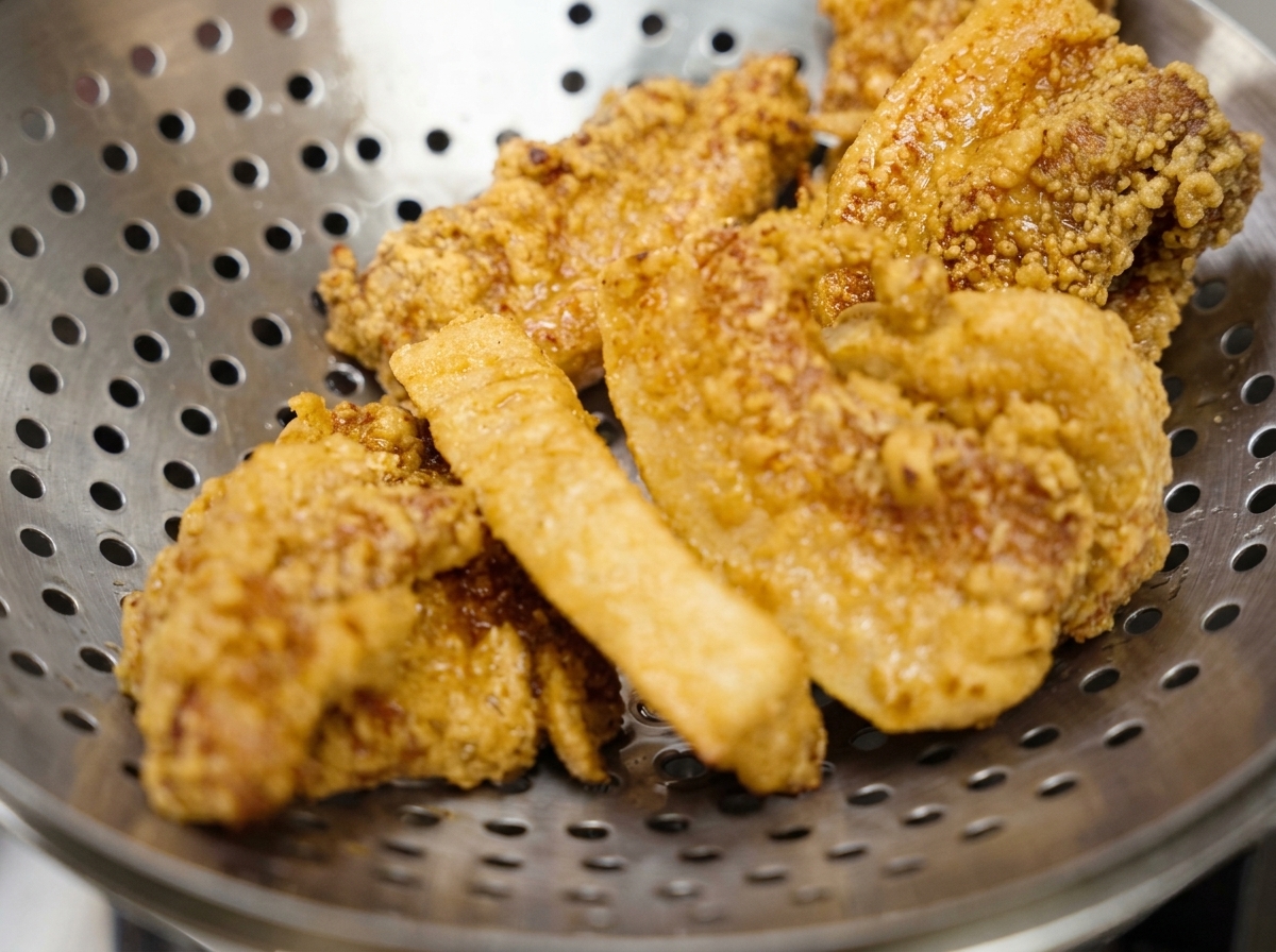 A metal skimmer holding multiple pieces of freshly fried, golden-brown pork draining above the oil pan.