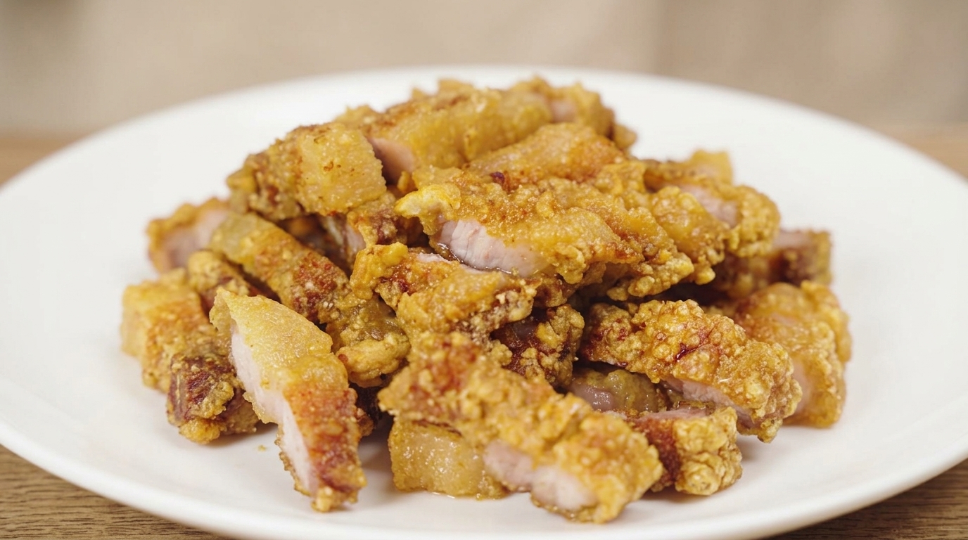 A plate of extra-crispy, golden-brown garlic fried pork belly sliced into bite-sized strips.