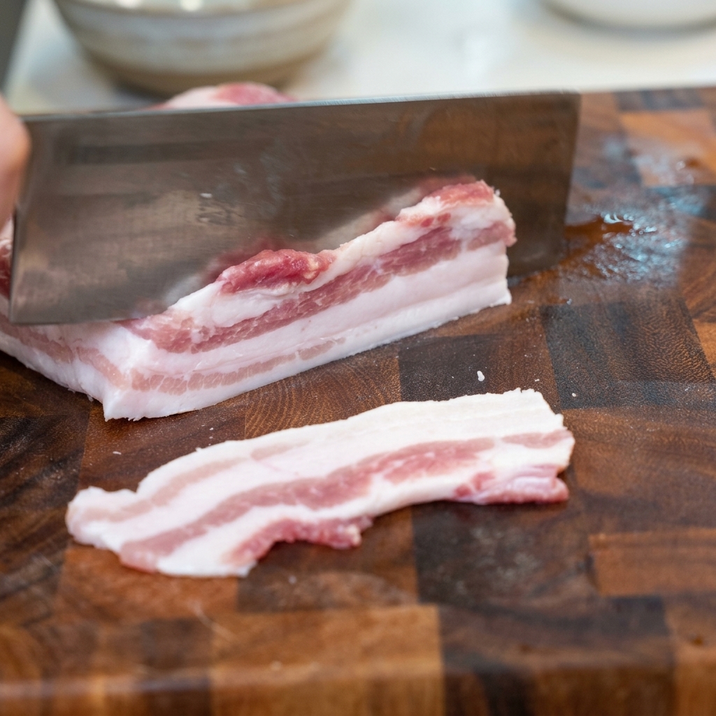 A sharp knife slicing through a slab of raw pork belly on a dark wooden cutting board with a thick slice resting in the foreground.