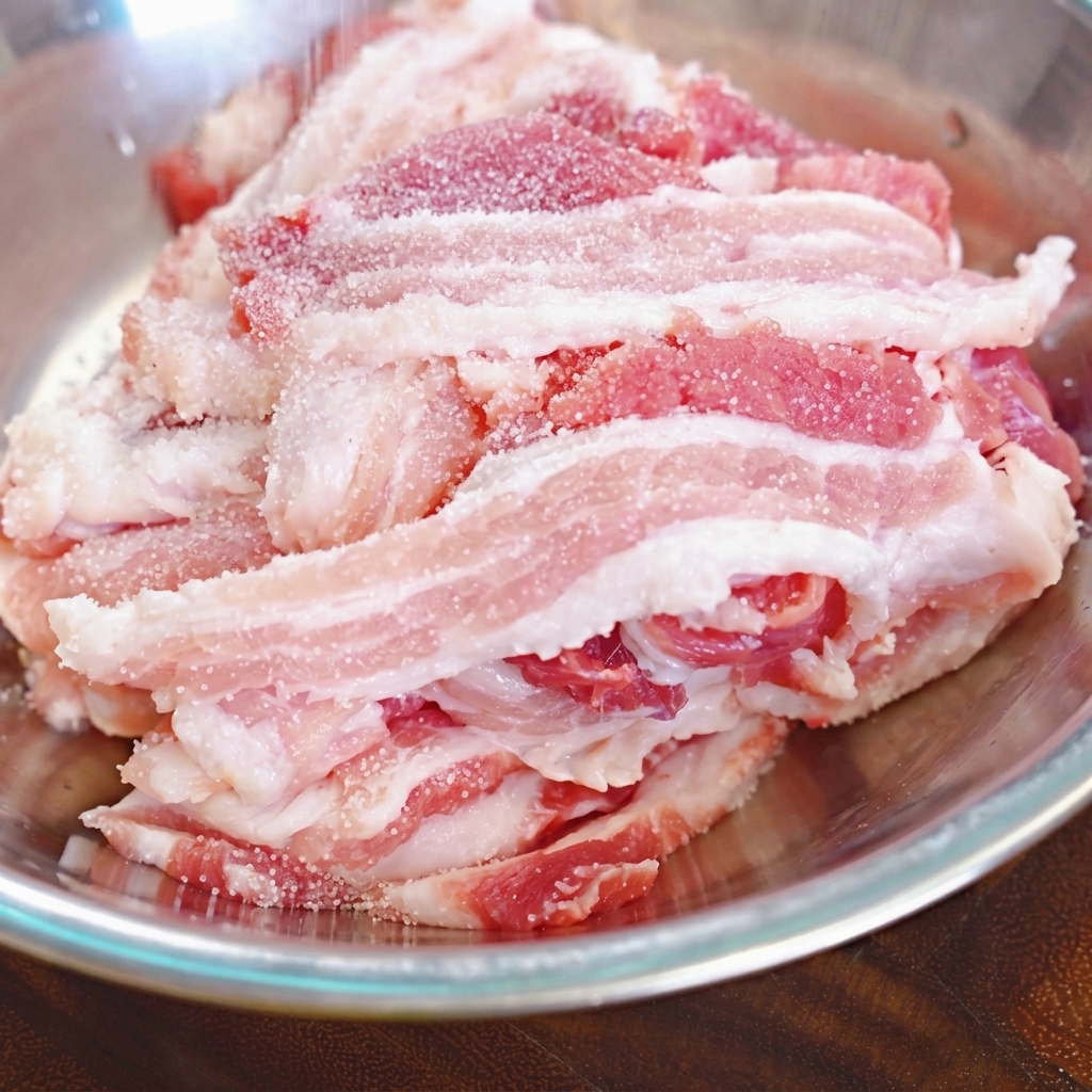 Fine grains of white salt being sprinkled over a pile of raw pork belly slices inside a stainless steel mixing bowl.