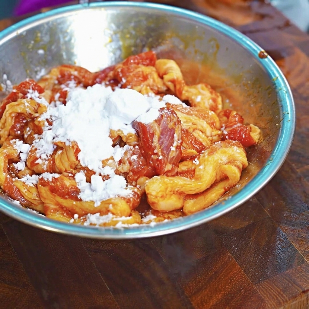 A scoop of dry white starch sitting on top of marinated pork belly slices in a metal bowl.