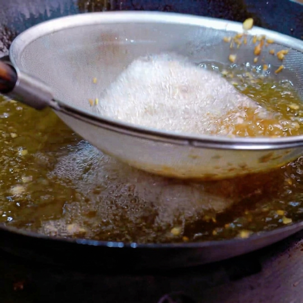 Minced garlic being deep-fried inside a metal mesh strainer submerged in bubbling hot cooking oil.