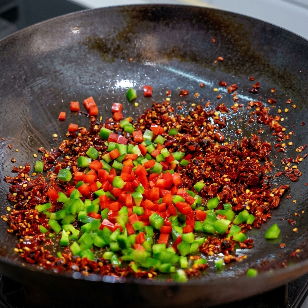 Brightly colored diced red and green bell peppers being stir-fried with dried chilies and black beans in a dark wok.