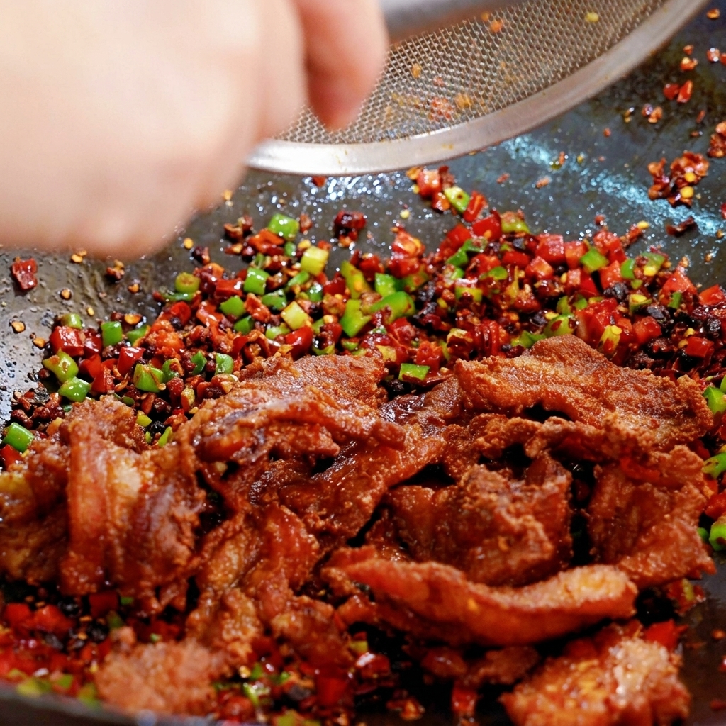 Crispy fried pork belly pieces being added from a strainer into a wok filled with stir-fried peppers and aromatics.