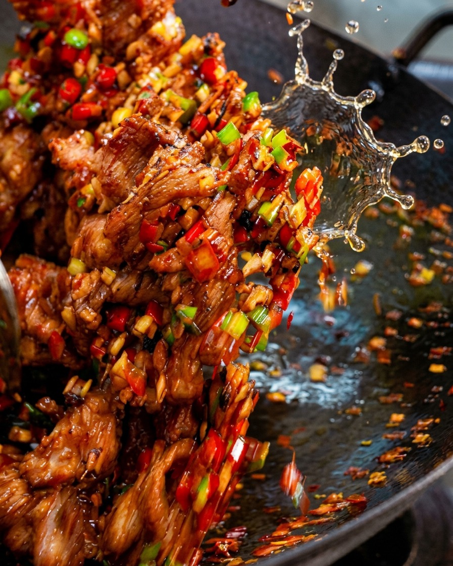 Pork belly slices and colorful peppers being tossed dynamically in a wok over a high flame, with oil droplets splashing.