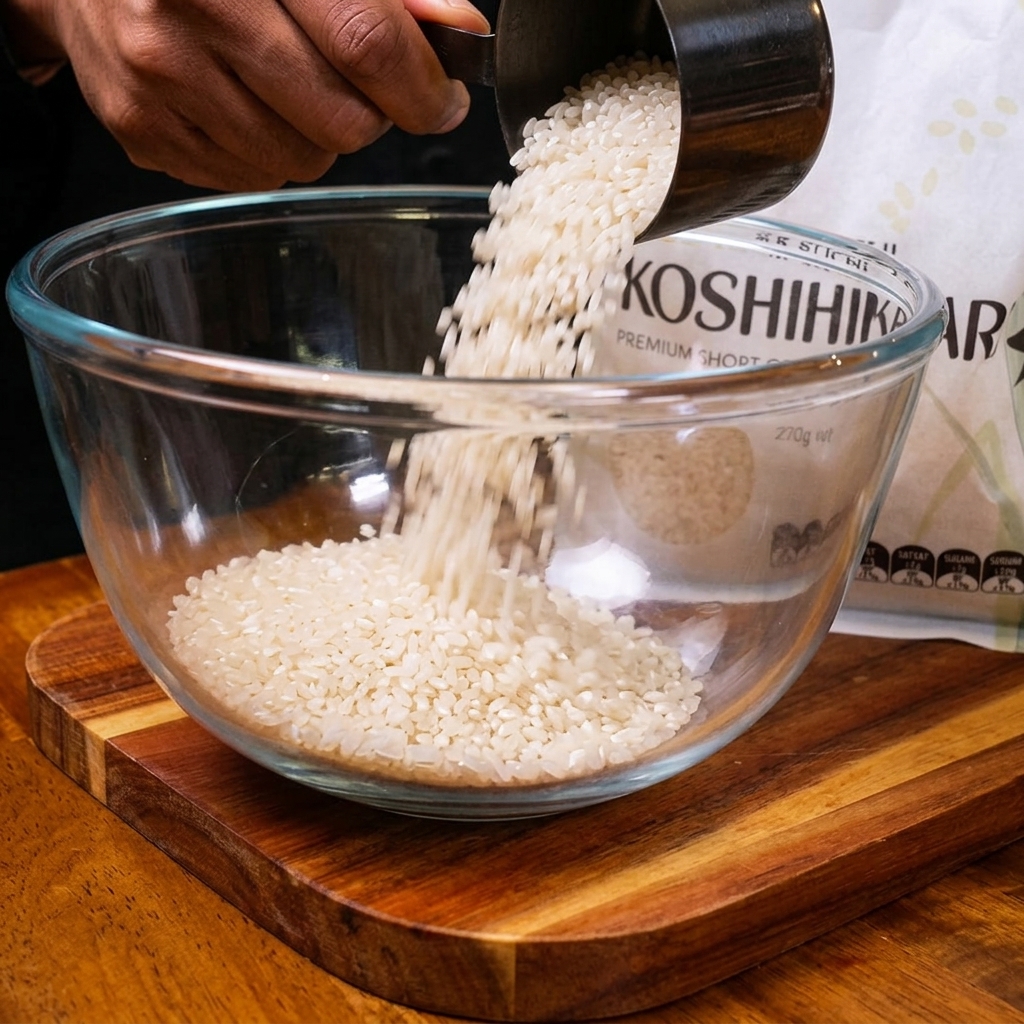 A person pouring raw, short-grain white sushi rice from a metal measuring cup into a clear glass mixing bowl.