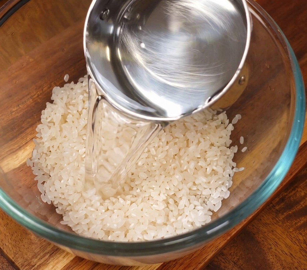 Clear water being poured from a stainless steel measuring cup into a glass bowl containing washed white rice.