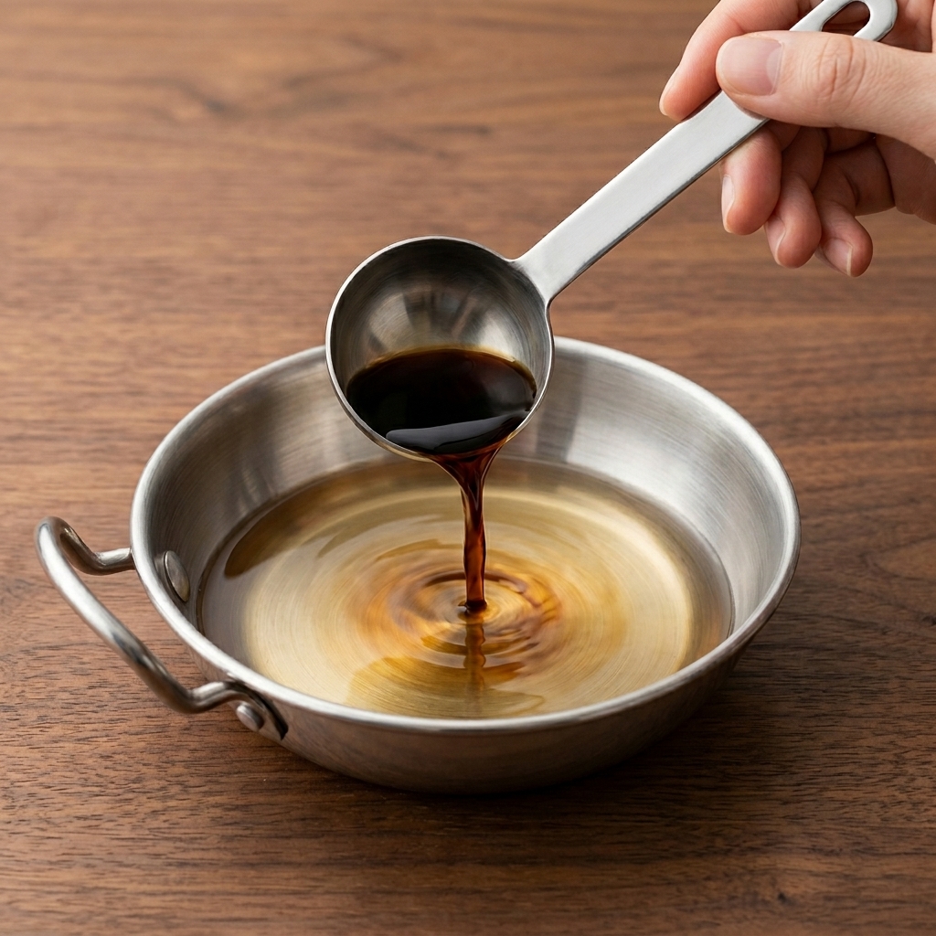 Dark soy sauce being poured from a stainless steel measuring spoon into a small metal pan containing clear sake and mirin.