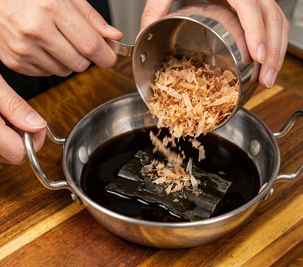 A hand pouring dried bonito flakes from a stainless steel cup into a saucepan containing soy sauce and a square of kombu.