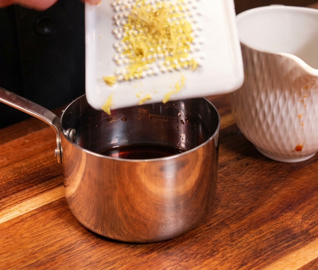 Freshly grated yellow ginger being added from a white grater into a small pot containing dark soy-based sauce.