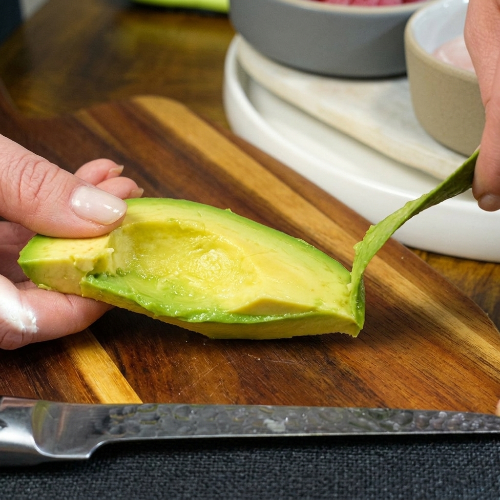 Two hands gently peeling the rough green skin away from a fresh half avocado on a wooden cutting board.