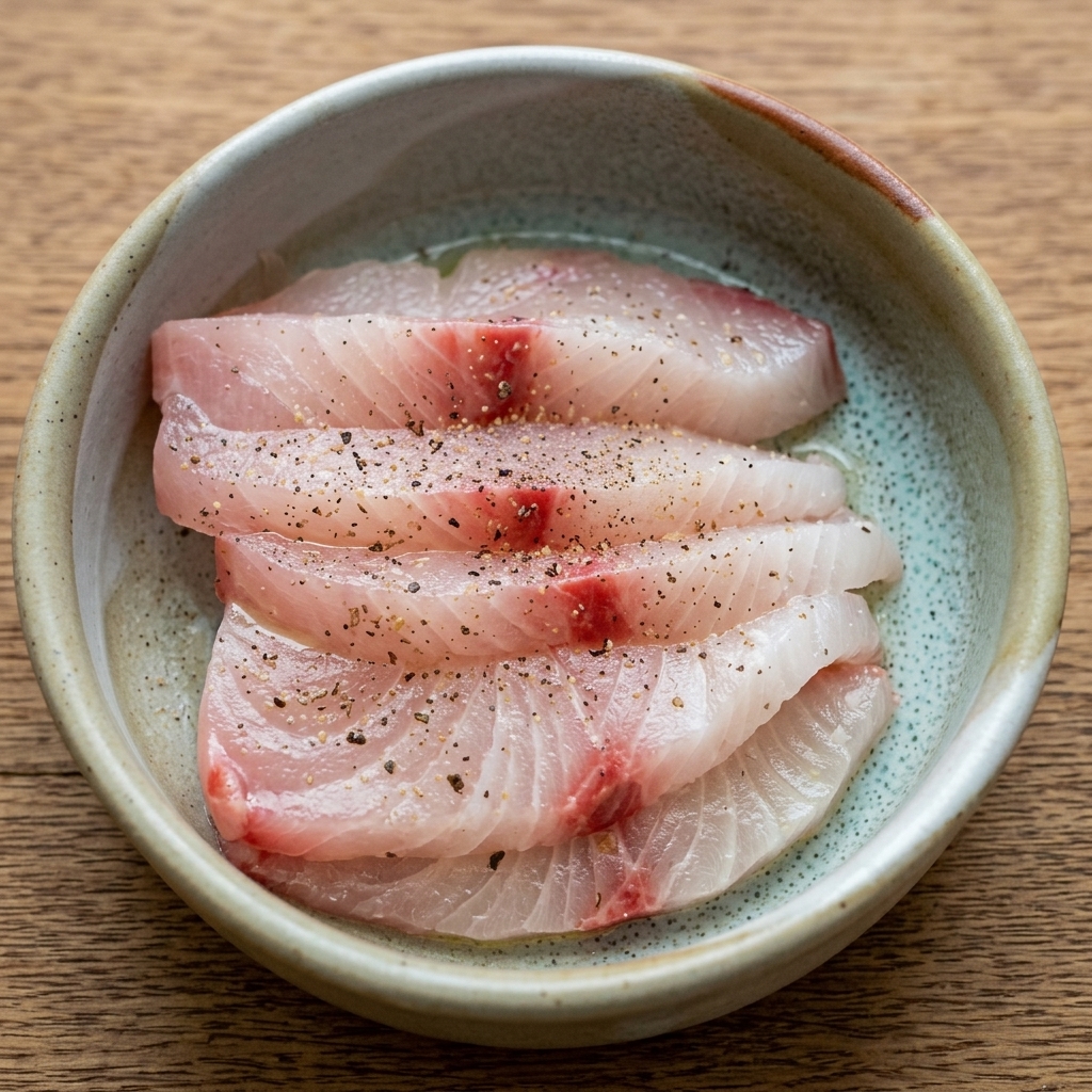 Slices of raw, white kingfish arranged neatly in a bowl, seasoned with cracked black pepper and a light glaze of oil and lemon juice.