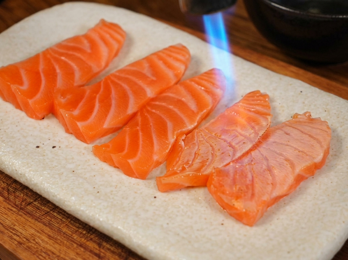 A bright blue flame from a kitchen blowtorch searing the top surface of thick orange salmon slices resting on a textured white plate.