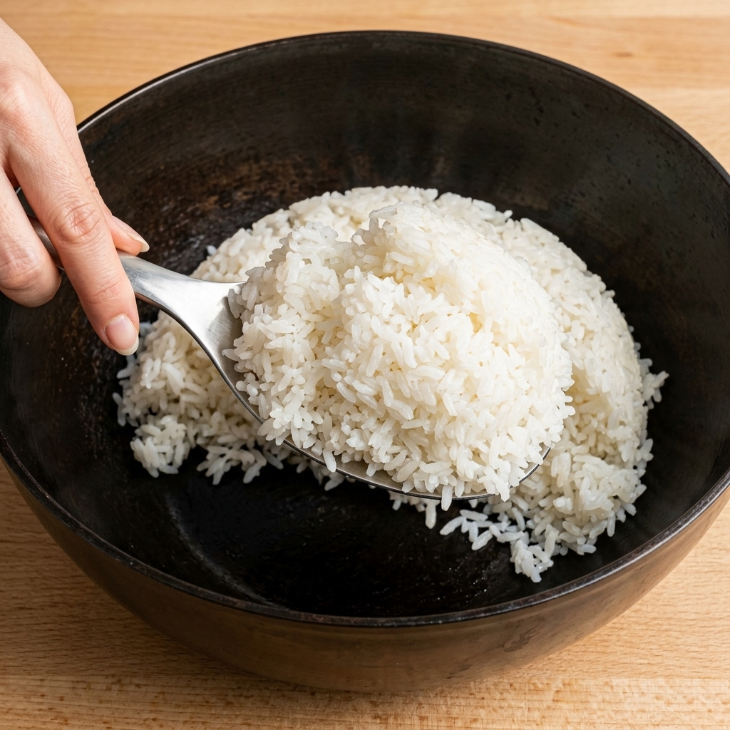A hand using a large metal spoon to scoop white, fluffy seasoned sushi rice into a dark, textured ceramic bowl.