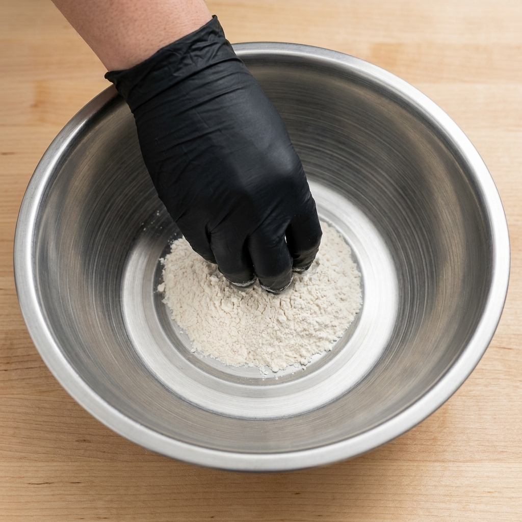 A black-gloved hand swirling white short-grain rice in a stainless steel mixing bowl at the start of the washing process.