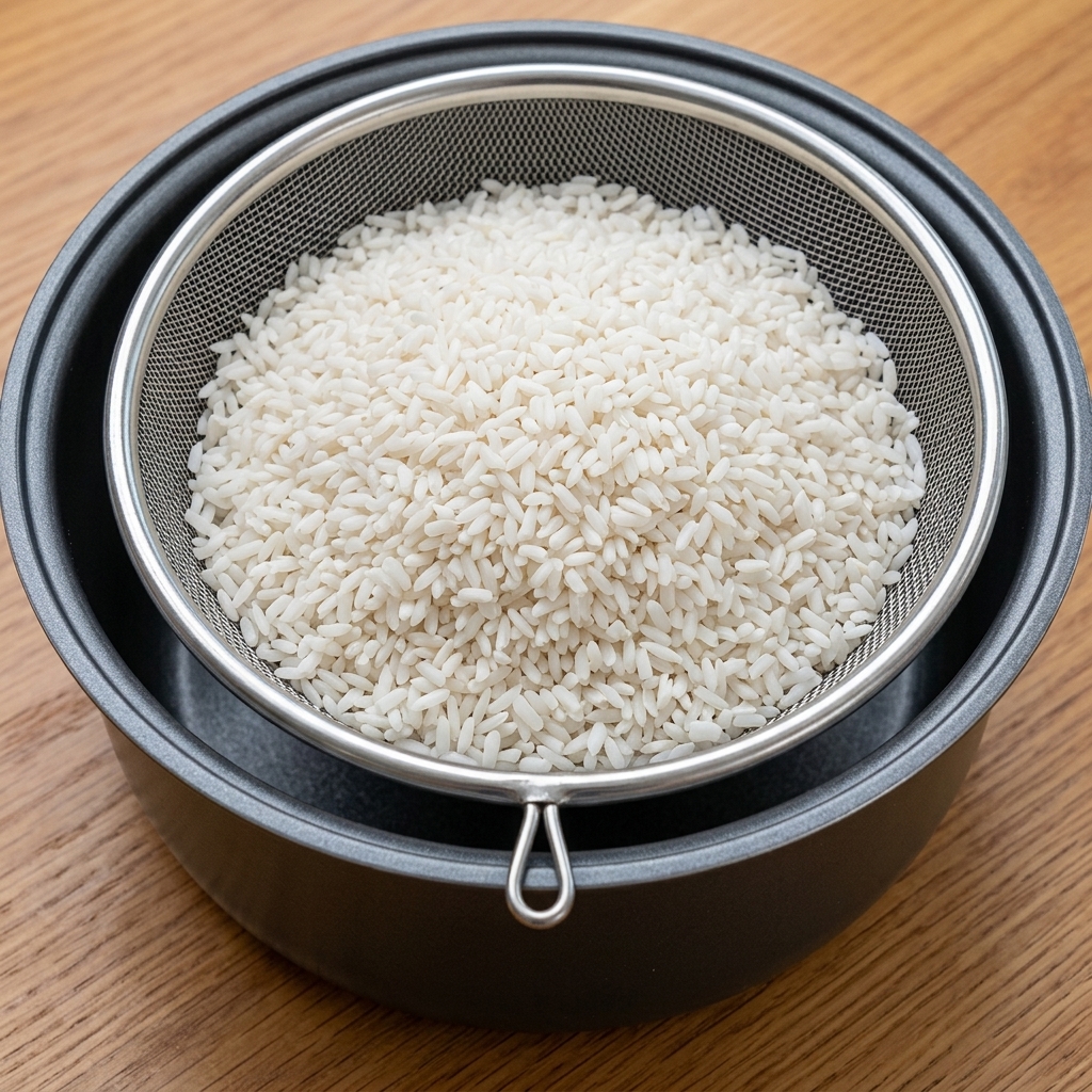 A heap of wet white short grain rice inside a silver mesh strainer which is balanced on the rim of a dark grey pot on a wooden surface.