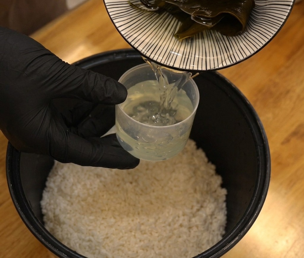 A person wearing black gloves pours water from a measuring cup into a black pot filled with raw white rice while holding a plate of kombu leaves.