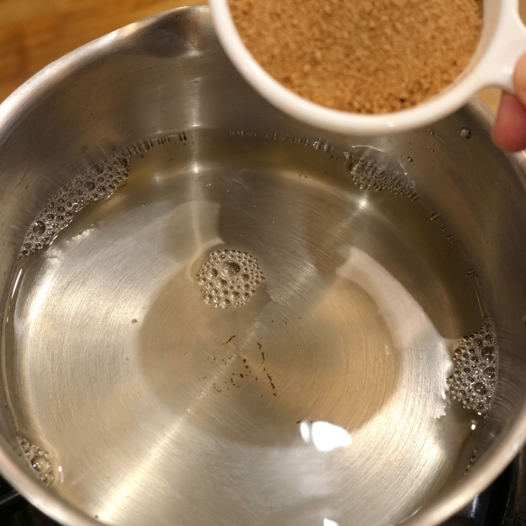 Brown sugar being poured from a white measuring cup into a stainless steel saucepan filled with clear rice vinegar.