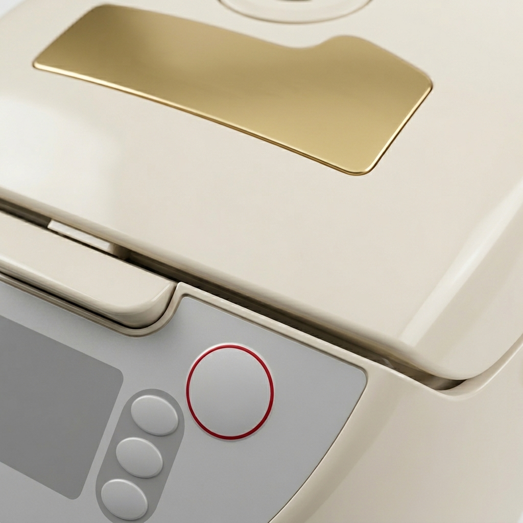 A close-up shot of a person pressing the start button on a modern cream and gold electric rice cooker.