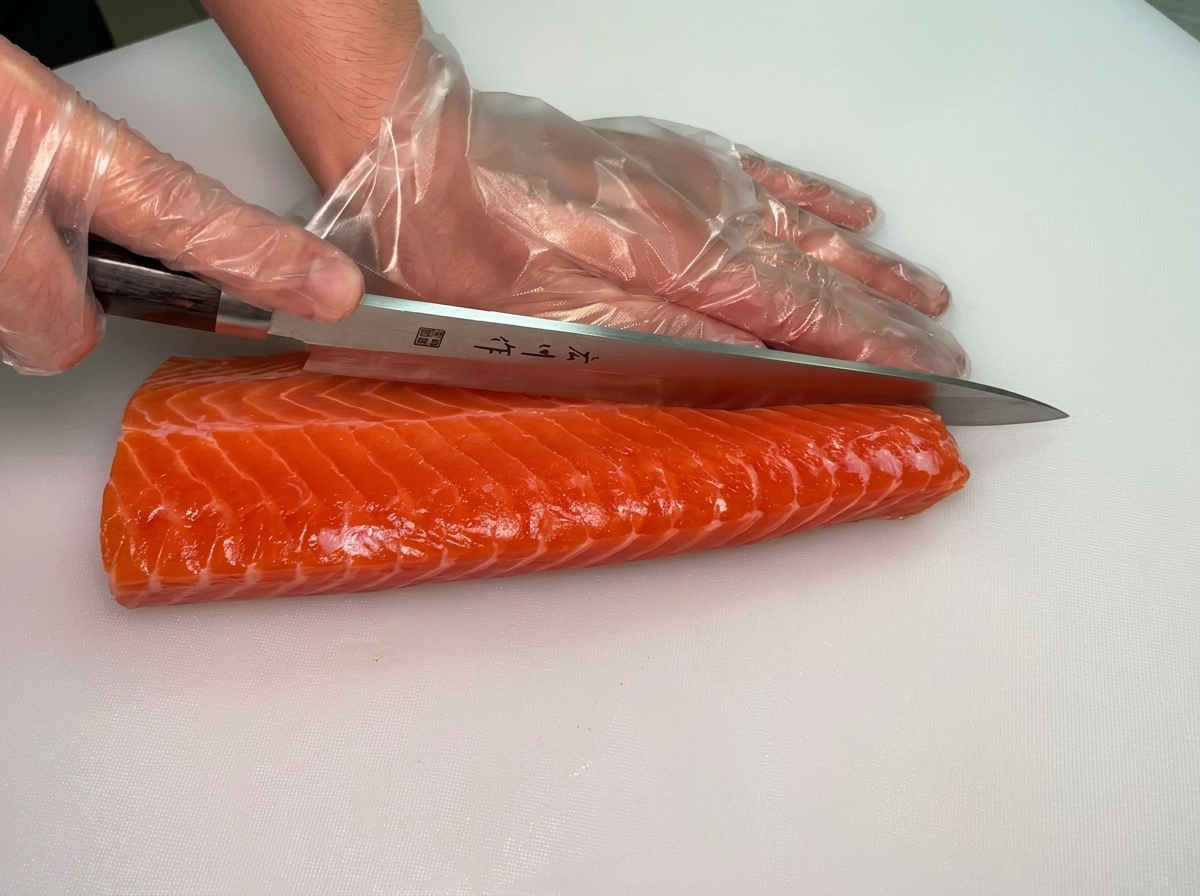 Gloved hands using a long sashimi knife to slice a large, bright orange raw salmon fillet down the middle on a white cutting board.