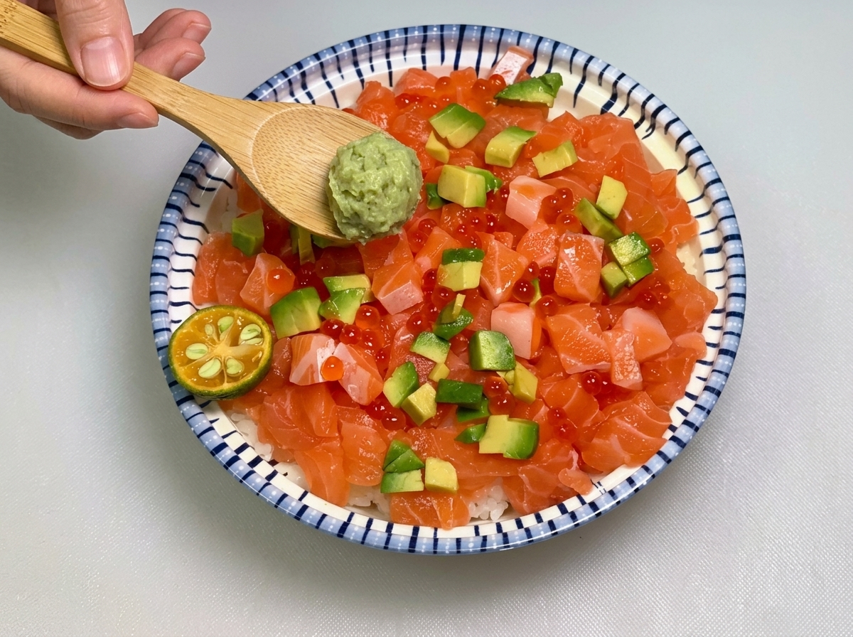 A wooden spoon placing a ball of green wasabi onto a salmon and avocado rice bowl, next to a small sliced calamansi lime.