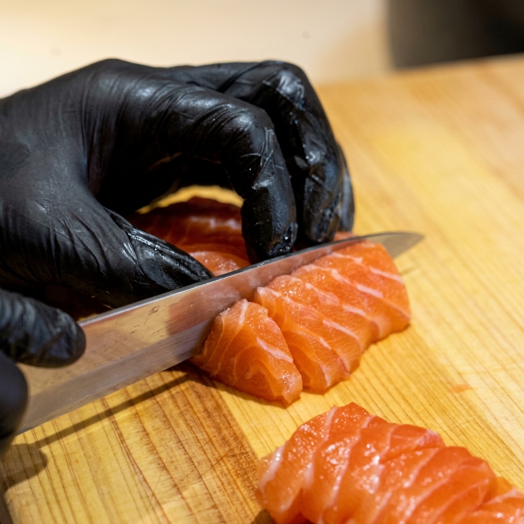 A chef using a sharp knife to dice a fresh orange salmon fillet into small uniform cubes on a wooden board.