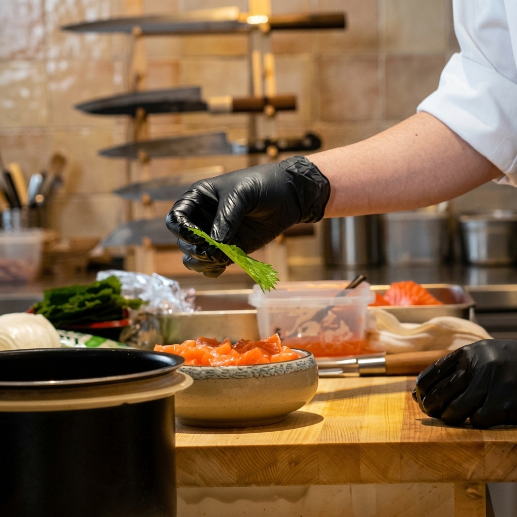 A chef lowering a fresh, bright green shiso leaf onto the center of a raw salmon rice bowl.