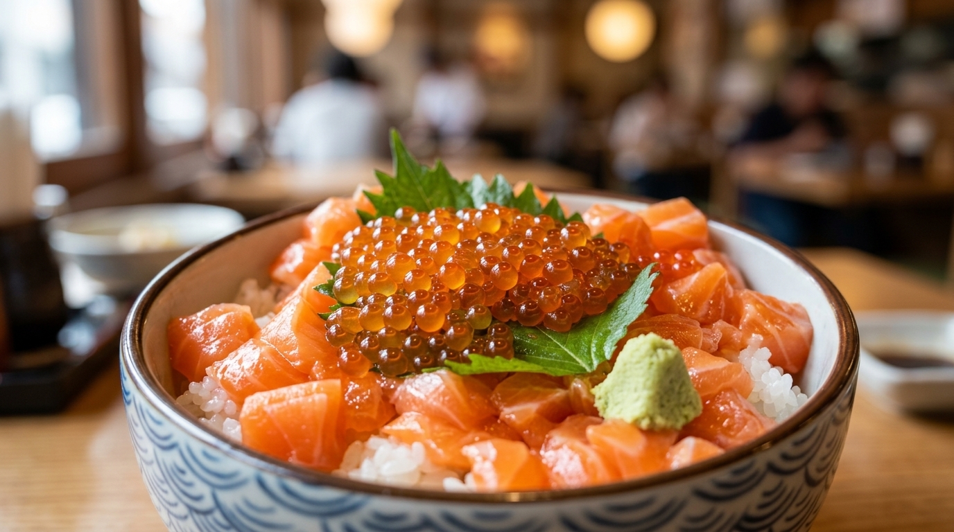 Traditional Salmon and Salmon Roe Sashimi Rice Bowl (Sake Oyako Don)