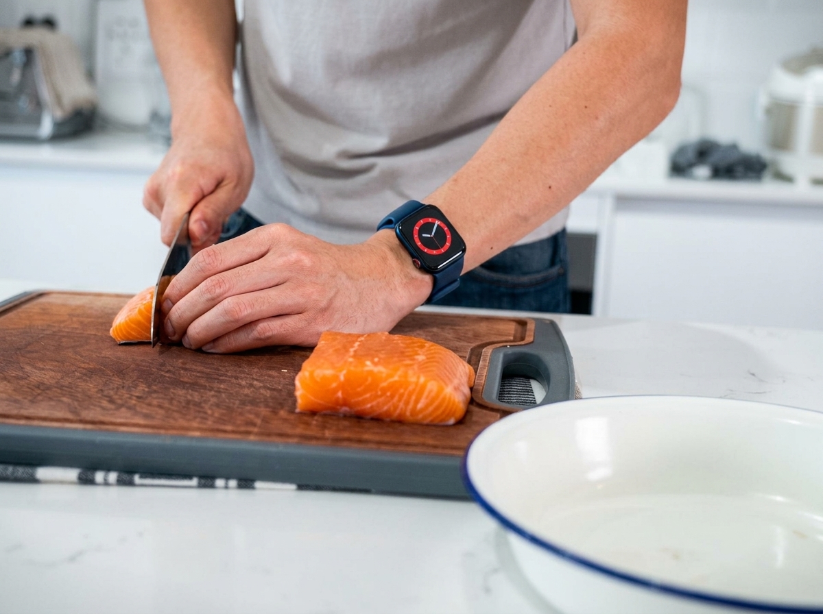 A person using a sharp kitchen knife to cut a fresh block of raw salmon into thick rectangular fillets on a wooden cutting board.