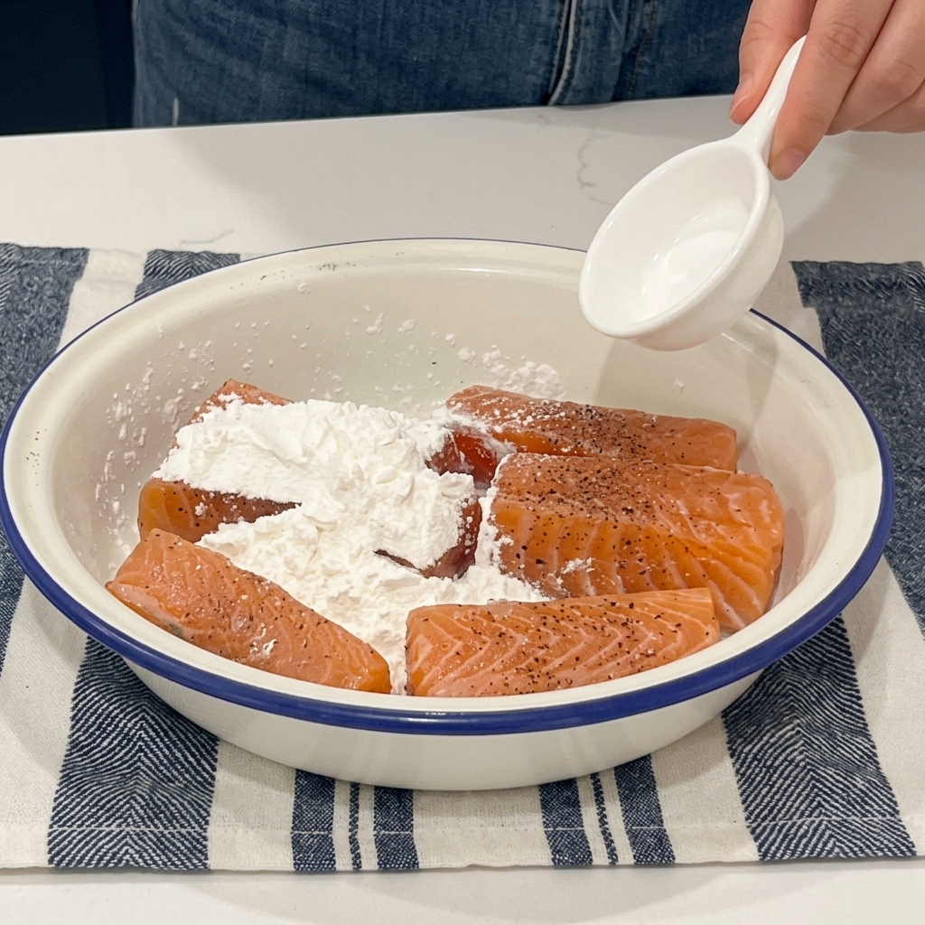 White flour being dusted from a small measuring scoop over seasoned raw salmon fillets in a white enamel bowl.