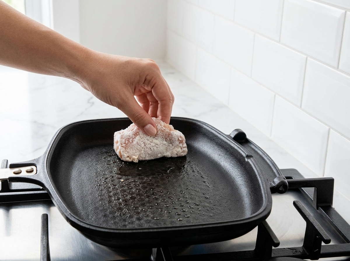 A hand placing a flour-dusted salmon fillet onto a heated black cast-iron grill pan with cooking oil.