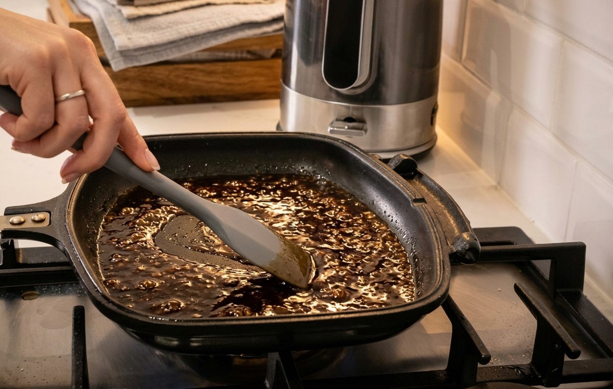 A gray silicone spatula stirs a dark, bubbling kabayaki sauce mixture inside a square pan on a stovetop.