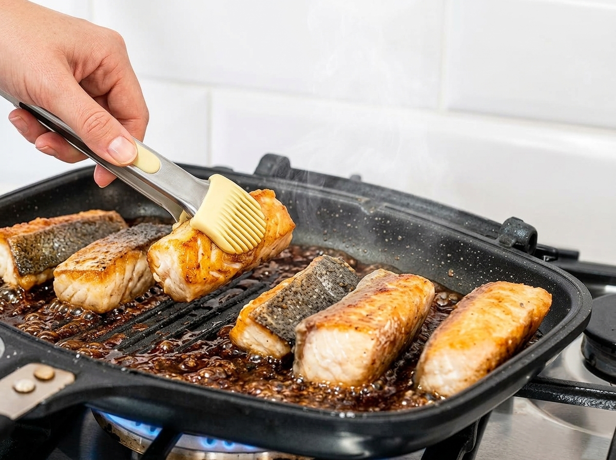 Silicon-tipped tongs flip a beautifully seared salmon fillet in a pan of simmering, thick dark glaze.