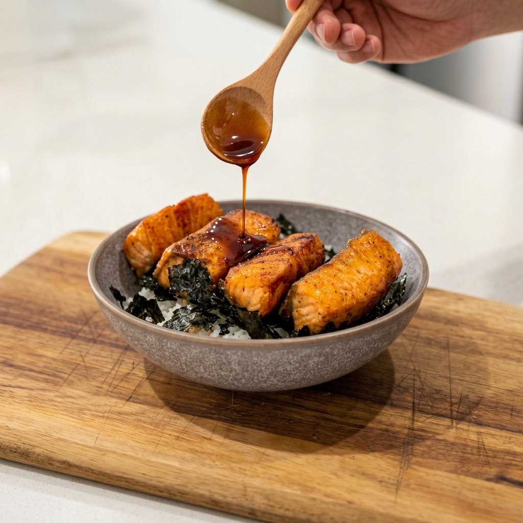 Thick, dark amber kabayaki sauce being poured from a small wooden spoon onto four pieces of salmon arranged over a bed of rice.
