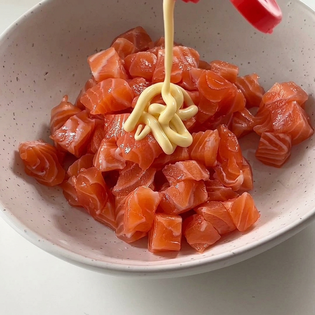 Creamy yellow mayonnaise being squeezed from a red-capped bottle onto a heap of fresh, diced raw salmon blocks inside a speckled ceramic bowl.