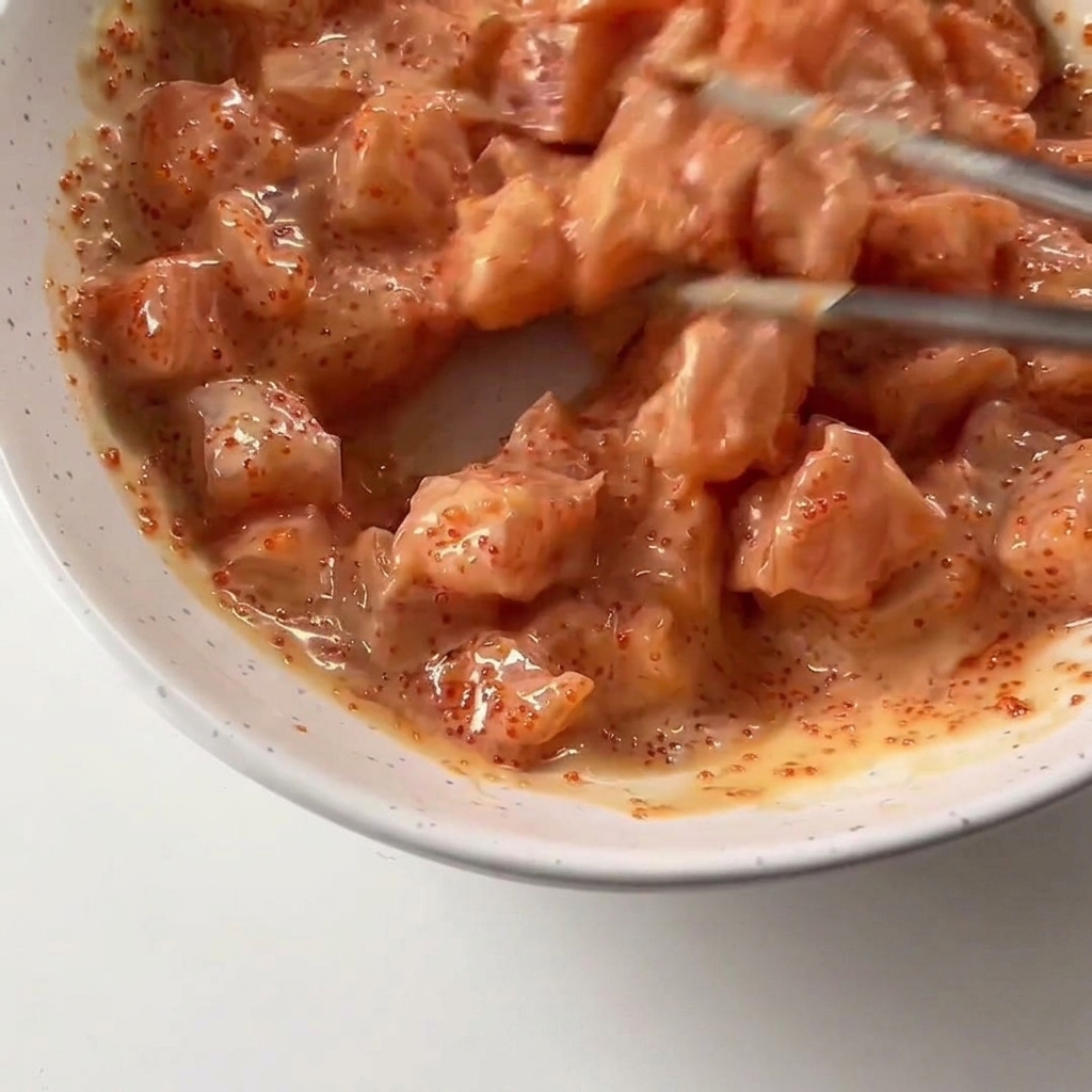 Salmon cubes being mixed with a creamy orange sauce and red fish roe in a white bowl using metal chopsticks.