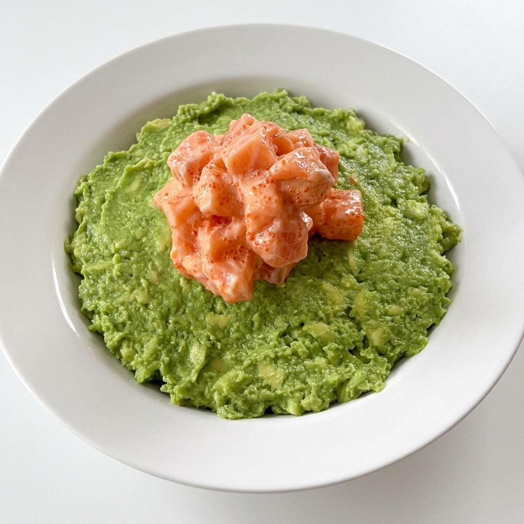 A mountain of diced raw salmon coated in a creamy orange sauce sits in the middle of a layer of bright green mashed avocado in a white bowl.