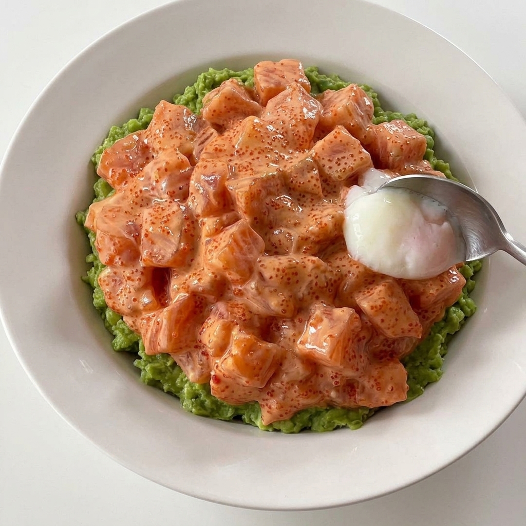 A metal spoon places a soft, white onsen egg onto a bed of seasoned diced salmon in a white bowl.