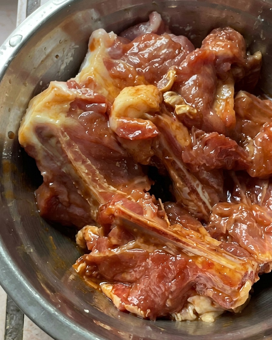 Raw pork ribs mixed with dark savory sauces and starch inside a stainless steel bowl.