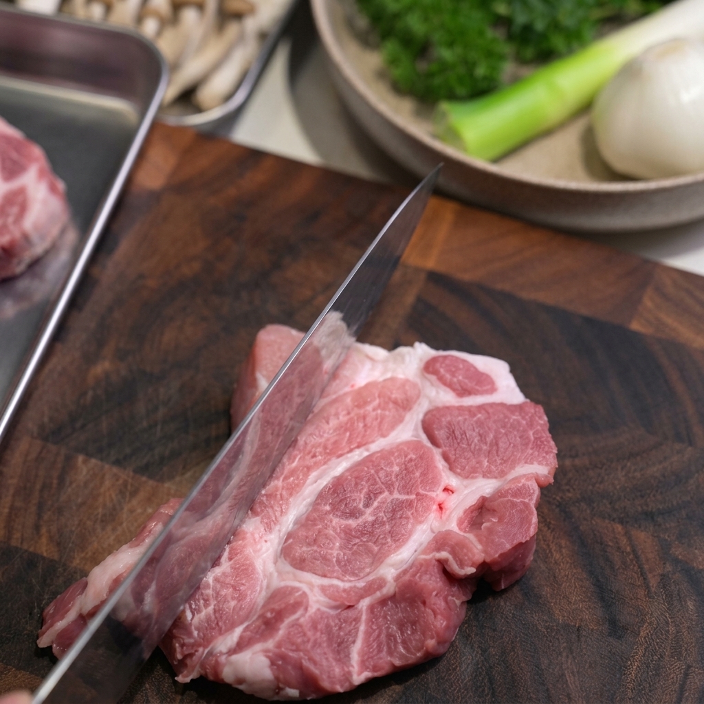 A chef using the back of a knife blade to pound a thick cut of raw pork collar meat on a dark wooden cutting board.