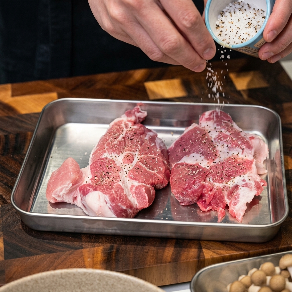Hands evenly sprinkling salt and pepper from a small blue container onto raw pork chops arranged in a metal tray.